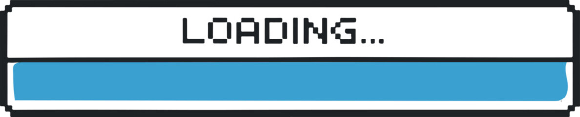 Fototapete - Pixel art loading bar icon, black border design, 100 percent full, digital blue to white gradient, loading text on top, retro UI theme, minimal modern aesthetic