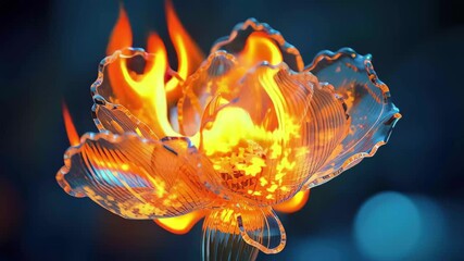 Poster - Beautiful glass flower with vibrant flames dancing in its petals, creating a striking contrast against the dark backdrop