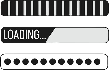 Poster - Infographic progress chart, black and white loading bar set, minimal digital layout, six bars, labeled loading, different progress levels, clean infographic design