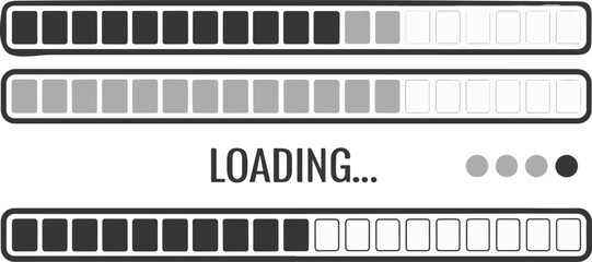 Fototapete - Progress bar infographic icons, six black and white loading bars, varying length designs, loading text, empty to full stages, minimal digital art, clean layout
