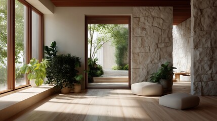 Poster - Bright modern interior featuring natural elements and indoor plants in a spacious setting with stone accents and large windows