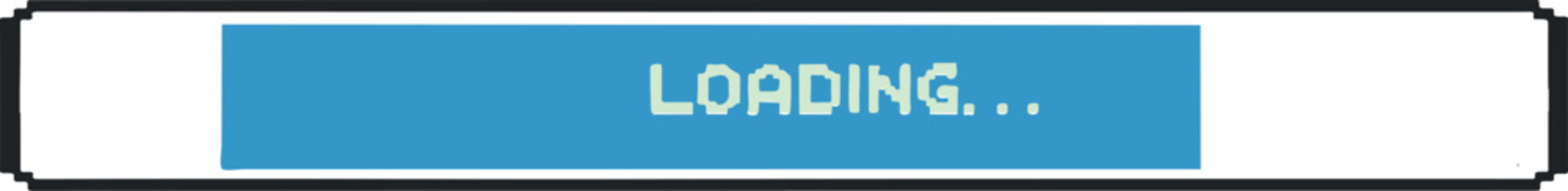 Fototapete - Retro pixel loading bar, blue to white gradient fill, 100 percent progress, black border, loading text above bar, white background, minimalist digital icon style