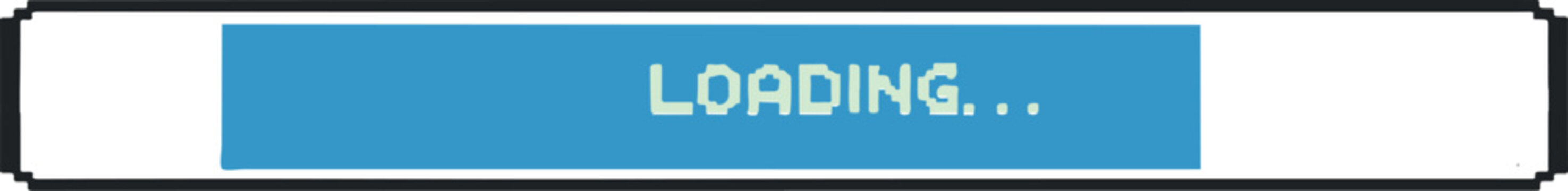 Retro pixel loading bar, blue to white gradient fill, 100 percent progress, black border, loading text above bar, white background, minimalist digital icon style