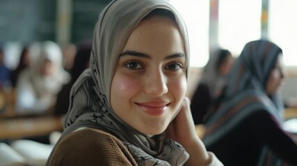 Poster - A woman wearing a headscarf sits in a classroom, possibly studying or attending a lesson