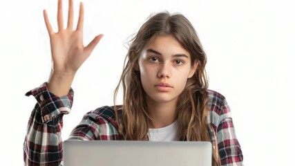 Poster - A person seated at a desk with a laptop open in front of them, potentially working or studying