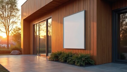 Poster - Blank white poster mockup on modern wooden facade during sunset. Minimalist design displays advertising space on exterior wall. Clean presentation for branding, art exhibition, gallery in