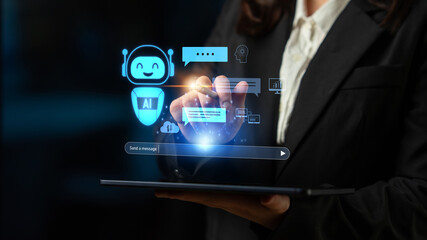 Poster - AI chatbot improves virtual assistant interaction. AI chatbot processes text, supports users, AI chatbot automates replies, and AI chatbot enables smart messaging. Latch