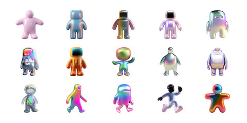 Poster - Colorful Abstract 3D Characters Set. Futuristic Digital Art Collection Isolated On Transparent Background