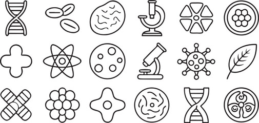 Fototapete - Isolated black biology vector icons, DNA, microscope, bacteria, chromosomes, leaf, organ, atom, cells, lab research tools in editable black outline