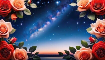 Wall Mural - a starry night sky framing a bouquet of bright and fresh roses with a pure clean background for contrast