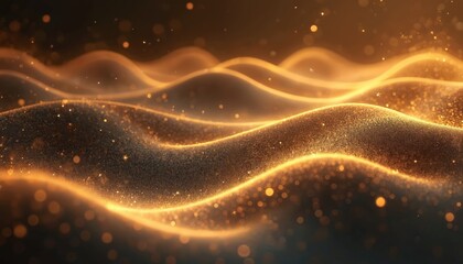 Poster - Abstract golden landscape with flowing waves, shimmering particles. Digital art evokes luxury, elegance, wealth. Three-dimensional render features gradient pattern of light, dark, creating glamorous