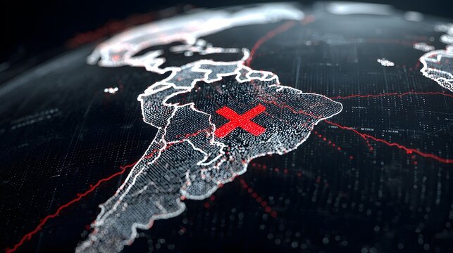 A digital rendering of Earth focuses on South America, with a large red X marking Brazil on a dark background filled with data points.