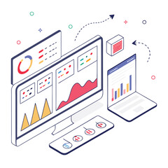 Fototapete - Isometric illustration of a computer and laptop displaying data analytics, charts, and graphs for business, finance, and performance tracking isolated on white background