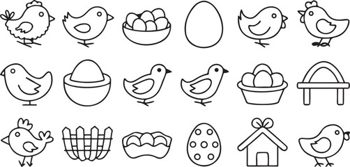 Poster - Isolated black poultry vector icons, baby chicken, hatchery elements, egg, nest, hen, barnyard farm animal tools, editable clean vector illustrations