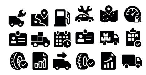 Fototapete - Collection of icons for various services and items related to transportation and logistics. The icons include a truck, a car, a tire, a gas pump, a clock, a calendar, a person, and a clipboard