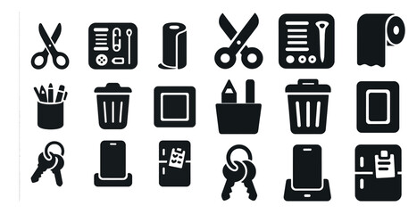 Fototapete - Collection of icons for various items such as scissors, keys, and a toilet. The icons are all black and white