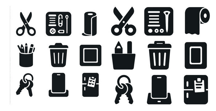 Collection of icons for various items such as scissors, keys, and a toilet. The icons are all black and white