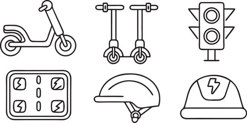 Poster - Isolated electric scooter vector icons, urban mobility and green city transport set, e scooter, battery status, charger dock, helmet, traffic light