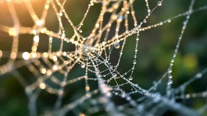 A macro closeup of a spider web in morning dew, showcasing nature's intricate net of water drops High quality natural video footage 4k cenamatic video short