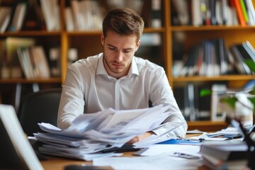 Poster - Financial data processing by caucasian businessman in a busy office environment, financial data processing over caucasian businessman in office