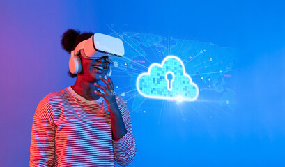 Poster - A joyful woman immersed in virtual reality, interacting with a digital world of cloud computing and security concepts, showcasing modern technology and innovation. XDMCP