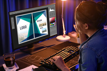 Fototapete - Graphic designer software for modern design of web page and commercial brisk ads showing on the computer screen