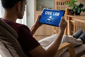 Poster - Civil law brisk information showing on computer screen for Common Justice Legal Regulation Rights Concept