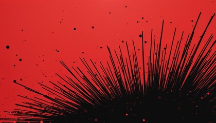 Poster - Abstract explosion of black lines, dots radiates across vibrant red background. Dynamic graphic design features speckled texture with comic book effect. Energetic pattern evokes movement, futuristic