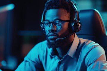 Poster - Call center employee connecting with clients during late evening hours, call center employee communicates with the client