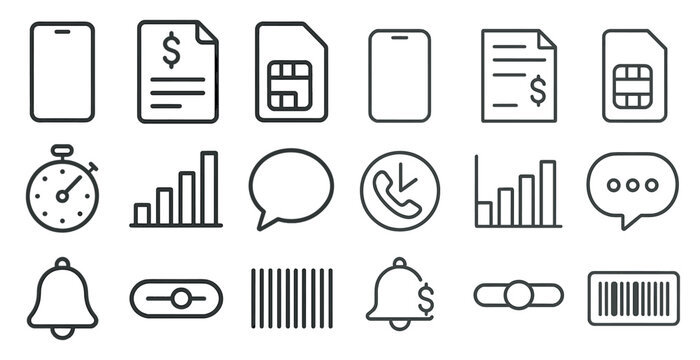 Collection of icons for various apps and devices, including a clock, a bell, a phone, and a barcode scanner