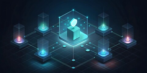 Fototapete - A glowing digital network connects multiple glowing server towers on a dark background.