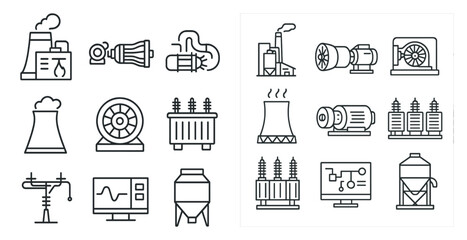 Poster - Set of industrial icons, including a turbine, a power plant, and a computer monitor. The icons are arranged in a grid, with some overlapping and others standing alone. Scene is one of industry