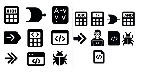 Fototapete - Series of icons, including a calculator, a man with a laptop, and a bug. The icons are all black and white, and they appear to be related to technology or programming
