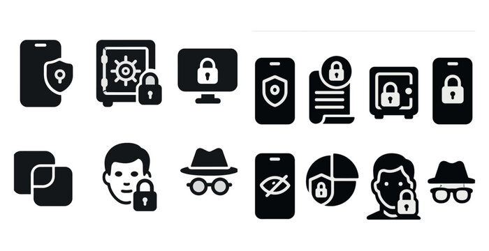 Set of icons for security and privacy. The icons include a man with a hat, a man with glasses, a man with a cell phone, a man with a laptop, a man with a computer monitor, a man with a wallet