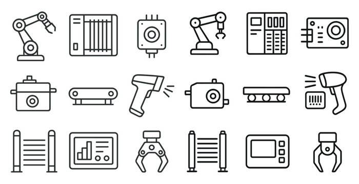 Collection of industrial tools and equipment, including a robot, a scanner, and a microwave. Concept of technology and innovation