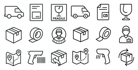 Fototapete - Set of icons for a delivery service. The icons include a truck, a box, a man, a gun, a box with a fragile sticker, a box with a tape, a box with a man, a box with a man