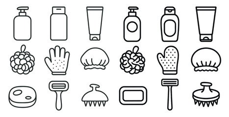 Fototapete - Collection of various bathroom items, including a brush, a bottle, and a cup. The items are arranged in a line, with some overlapping each other. Scene is that of a bathroom