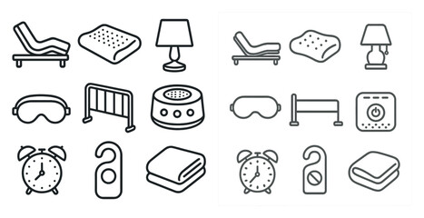 Fototapete - Collection of items related to sleep and relaxation. The items include a bed, pillow, blanket, clock, and alarm clock