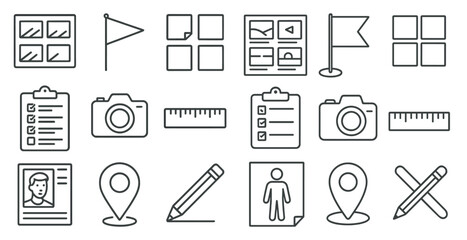 Fototapete - Set of icons for various items, including a camera, a ruler, a clipboard, and a pen