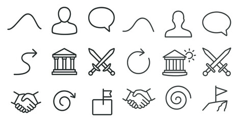 Fototapete - Set of icons that include a person, a sword, a building, a flag, and a hand shaking