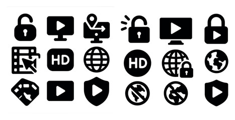 Poster - Set of icons for various devices and services, including a keypad, a video player, and a shield