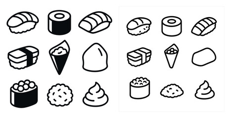Poster - Variety of sushi rolls and other Japanese food items. The rolls are arranged in a grid, with some overlapping and others standing alone. Scene is one of abundance and variety