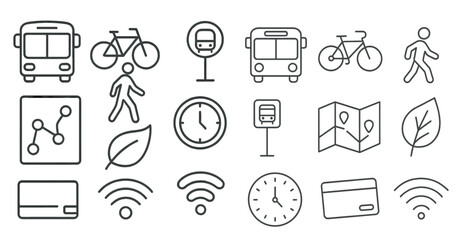 Fototapete - Collection of icons for public transportation, including buses, bicycles, and pedestrians. The icons are arranged in a grid, with some overlapping and others standing alone