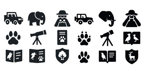 Fototapete - Collection of animal icons including an elephant, a car, a book, a deer, and a bird