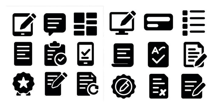 Set of icons for a computer application. The icons include a check mark, a pencil, a keyboard, a mouse, a clipboard, a cell phone, a computer monitor, a paper, a pen, and a check box