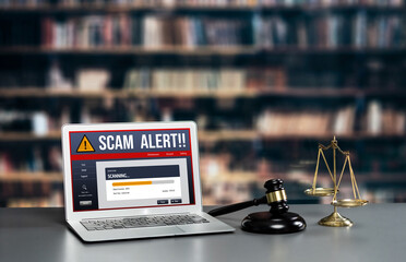 Poster - Cyber security software show alert of cyber attack for protection brisk. Danger from virus, phishing and cyber fraud.