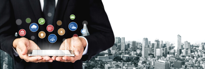 Poster - Set of business and digital service icons representing finance, cloud, analytics, email, communication, ecommerce, cybersecurity, and global connectivity in a modern ecosystem Vouch