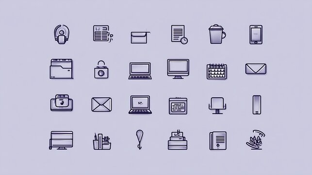 Collection of office supply and technology icon set in doodle style background