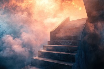 Poster - Stairway ascending through clouds towards a radiant, ethereal destination, An abstract concept of a stairway to heaven