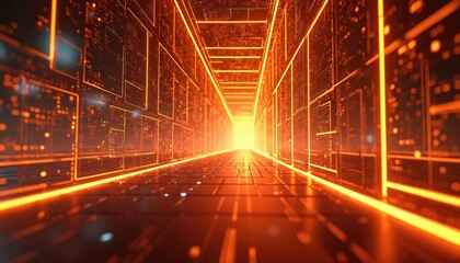 Poster - Abstract digital tunnel with glowing orange cubic structures. Futuristic perspective shows energy, technology, and data networks. Dynamic movement and speed convey innovation and modern design.